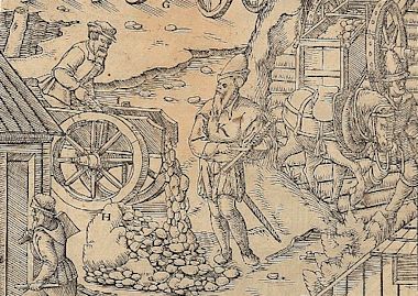 Das Kerbholz in seiner ursprnglichen Bedeutung gebraucht: Registrierung der gelieferten Erzmenge durch einen Bergbeamten, nach Georgius Agricola, 1556