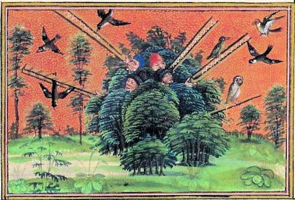 Auf den Leim gehen - das konnten früher vor allem verschiedenste Vogelarten dem Vogelfänger; hier gezeigt der Vogelfang mit Leimruten; flämische Buchmalerei, Girart-Meister, aus dem Jagdlehrbuch Roi Modus des Henri de Ferrieres, um 1455
