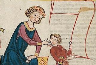 Pädagogische Maßnahmen anno dazumal - Herr von Raute unterstützt einfühlsam  die Wissensaufnahme des jungen Zöglings, Abbildung aus dem Codex Manesse, frühes 14. Jhdt.