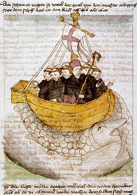 Gefahren einer Seereise: Der Heilige Brendan und der Wal, Abbildung aus einer deutschen Handschrift des 15. Jahrhunderts