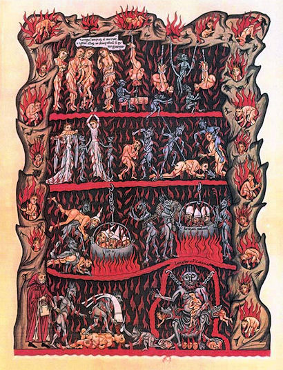 Die Hölle - schön geordnet in Ebenen; Abbildung aus dem Hortus Deliciarus der Herrad von Landsberg, 4. Viertel 12.Jhdt
