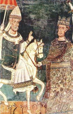 Kaiser Konstantin leistet Papst Silvester den Stratordienst, Fresko in der Basilika Sant Quattro Coronati in Rom aus dem Jahre 1246.