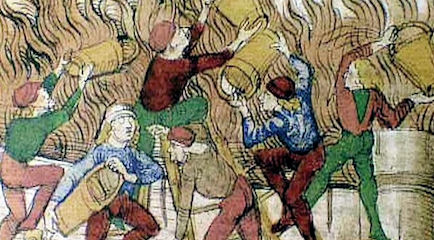 Feuerbekämpfung im Mittelalter: kaum technische Hilfsmittel, nur Eimer und Wasser, Auschnitt einer Illustration aus einer mittelalterlichen Handschrift