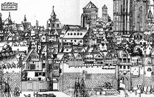 Enge Gassen, vorkragende Fachwerkbauten, viel Holz - die mittelalterliche Stadt war stets feuergefährdet - Köln, Detaildarstellung aus dem Holzschnitt des Anton Wönsam, 1531