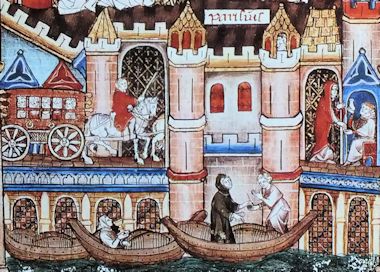 Geschäftiges Leben und viel Verkehr in der mittelalterlichen Stadt, Miniaturausschnitte aus einer französischen Handschrift, erstes. Viertel ders 14. Jhdts.