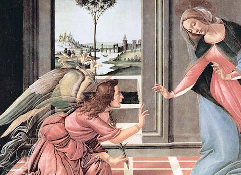 Gabriel, mit der Lilie als Attribut, kündigt Maria die Geburt des Gottessohnes an, Sandro Botticelli, 1490