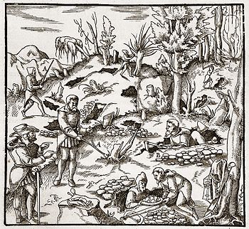 Mittelalterlicher Oberflächenerzabbau, Holzschnitt aus Georg Agricolas 'De Re Metallica Libri', 1556