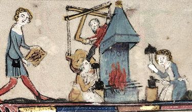 Mittelalterliche Schmiede mit Amboss, Esse und manuell betätigtem Blasbalg, Ausschnitt aus einer Buchminiatur