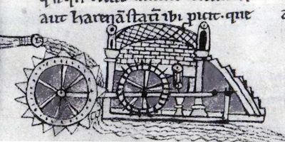 Mittelalterliche Mühle, Abbildung aus einem Manuskript, um 1230