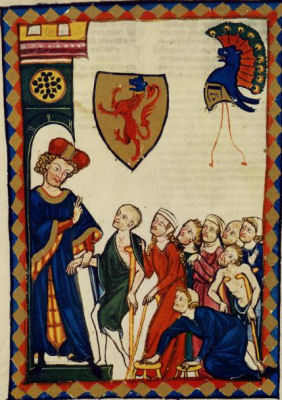 Armenfürsorge: Hesso von Reinach lässt Krüppel und Bettler in sein Haus ein, Codex Manesse 13. Jhdt.
